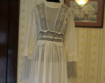 SALE Antique Victorian Sheer Cotton and Lace Wedding Dress Gown, Small 2-4