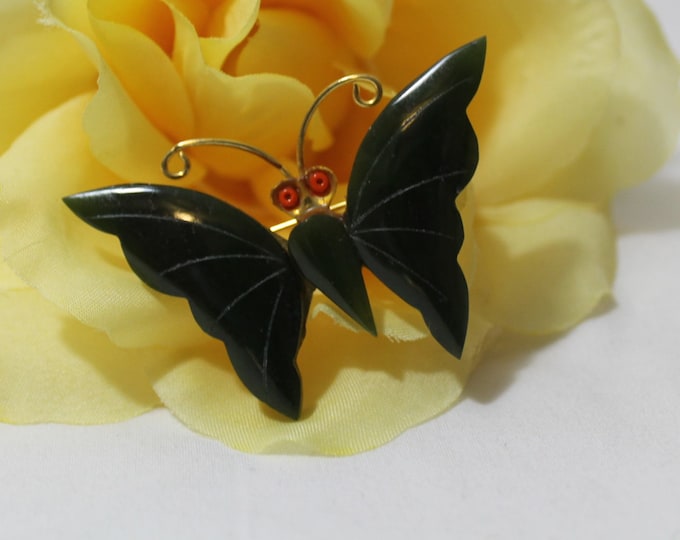 Vintage Carved Jade Butterfly Brooch Etsy