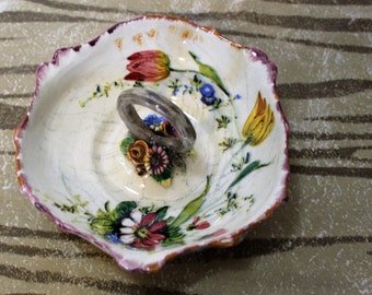 SALE Antique Victorian Italian Majolica Relish Server, Handled Bowl, Colorful Flowers, 6 Inches