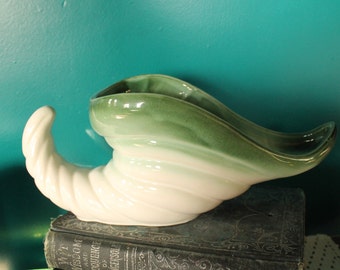 Vintage Regal Pottery Cornucopia, White & Forest Green, No. 307, Thanksgiving Centerpiece