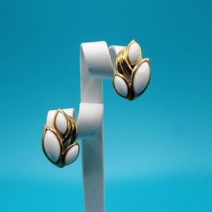 Vintage Signed TRIFARI 1990s White and Gold Tone Clip On Leaf Earrings