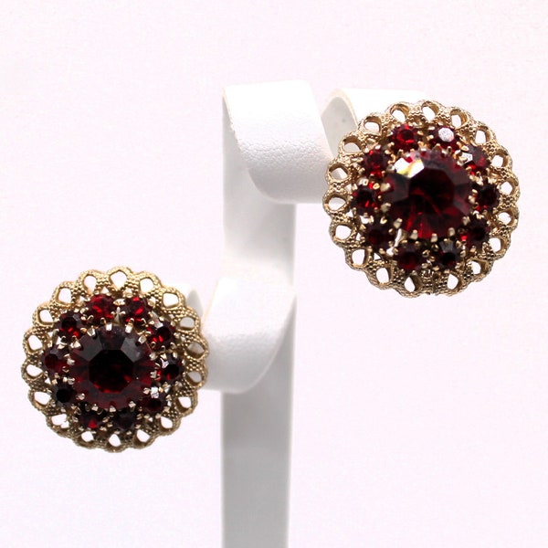 Vintage Ruby Red Filigree Clip On Earrings