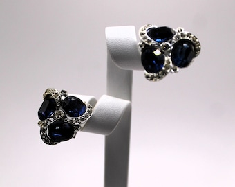 Vintage Clip-On Earrings with Faux Sapphire & Clear Rhinestones