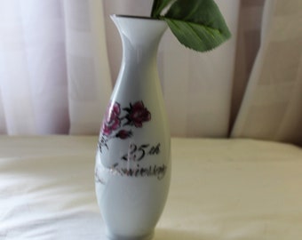 Vintage Treasure Masters Romance Rose Collection 25th Anniversary Porcelain Bud Vase, Silver Anniversary Gift