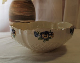 Belleek "Enchanted Garden" 9 Inch Large Fruit Bowl, Blue & Yellow Flowers, Iris, Centerpiece Bowl