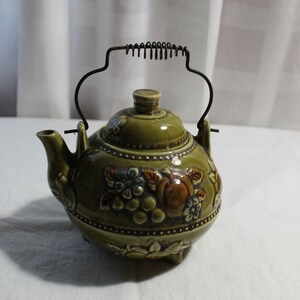 Vintage Olive Green Footed Ceramic Teapot, Japan