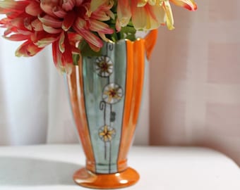 Vintage Japanese Lustreware Vase, Orange & Gray, Unique Design