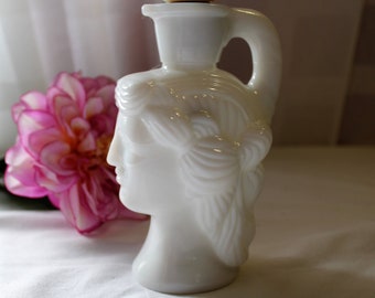 Vintage AVON "Grecian Pitcher" Milk Glass Lady Head Bottle, 1972, Skin So Soft Decanter