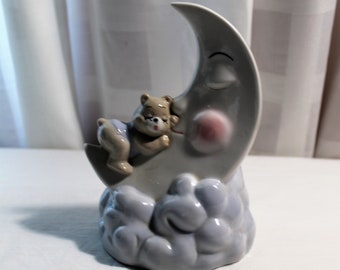 Vintage Ceramic Teddy Bear on Man in the Moon Night Light, with New Fixture