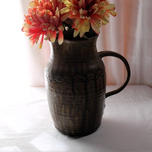 Large Vintage Hand Thrown Rustic Stoneware Pitcher, Vase, Brown Drip Glaze