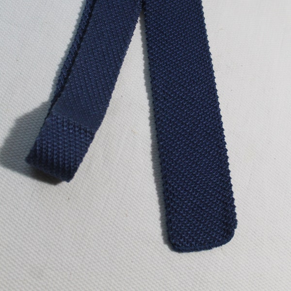Vintage Joseph Horne Co. Skinny Knitted Square End Blue Cotton Necktie, Short Length Tie