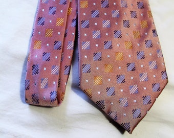 Vintage CLAIBORNE Silk Necktie, Pink w/ Blue & Gold Squares, 3.75 Inch