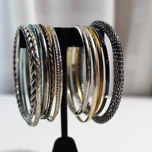 Assorted Vintage Bangle Stack, Mixed Metals/Colors
