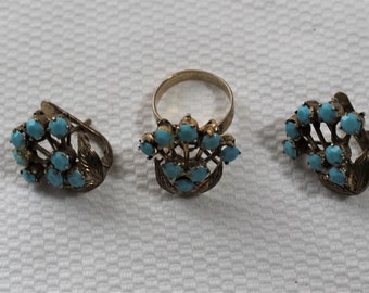 SALE - Vintage Jewelry Set, Ring & Pierced Earrings, Flowers with Blue Faux Stones