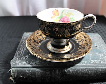SALE Vintage PARAGON Double Warrant Bone China Tea Cup & Saucer,  Black and Gold, Floral Interior