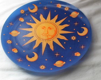 Huge Painted Glass Mr. Sun, Moon & Stars Platter, Tray, Astral, Hippie, Man in the Moon Platter
