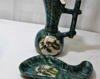 Majolica Peacock Ewer Vase and Trinket Dish with Hand Painted Peacock, Possibly Hubert Bequet