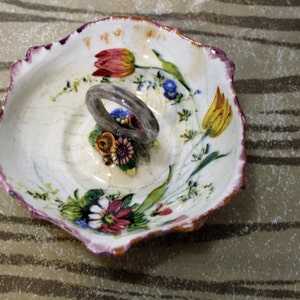 SALE Antique Victorian Italian Majolica Relish Server, Handled Bowl, Colorful Flowers, 6 Inches image 1