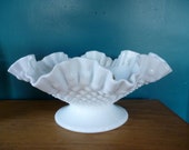 SALE Vintage FENTON Milk Glass Hobnail Ruffled Pedestal Bowl, Wedding Centerpiece