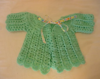 NEW Hand Crocheted Baby Sacque Sweater Jacket, Mint Green, Made from Vintage Pattern