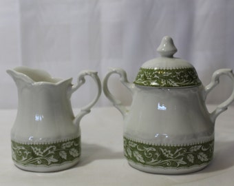 Vintage MEAKIN Sterling Colonial Sugar and Creamer, Green Leaf Design