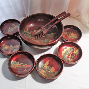 Vintage Japanese Red Lacquer 9 Piece Salad Set