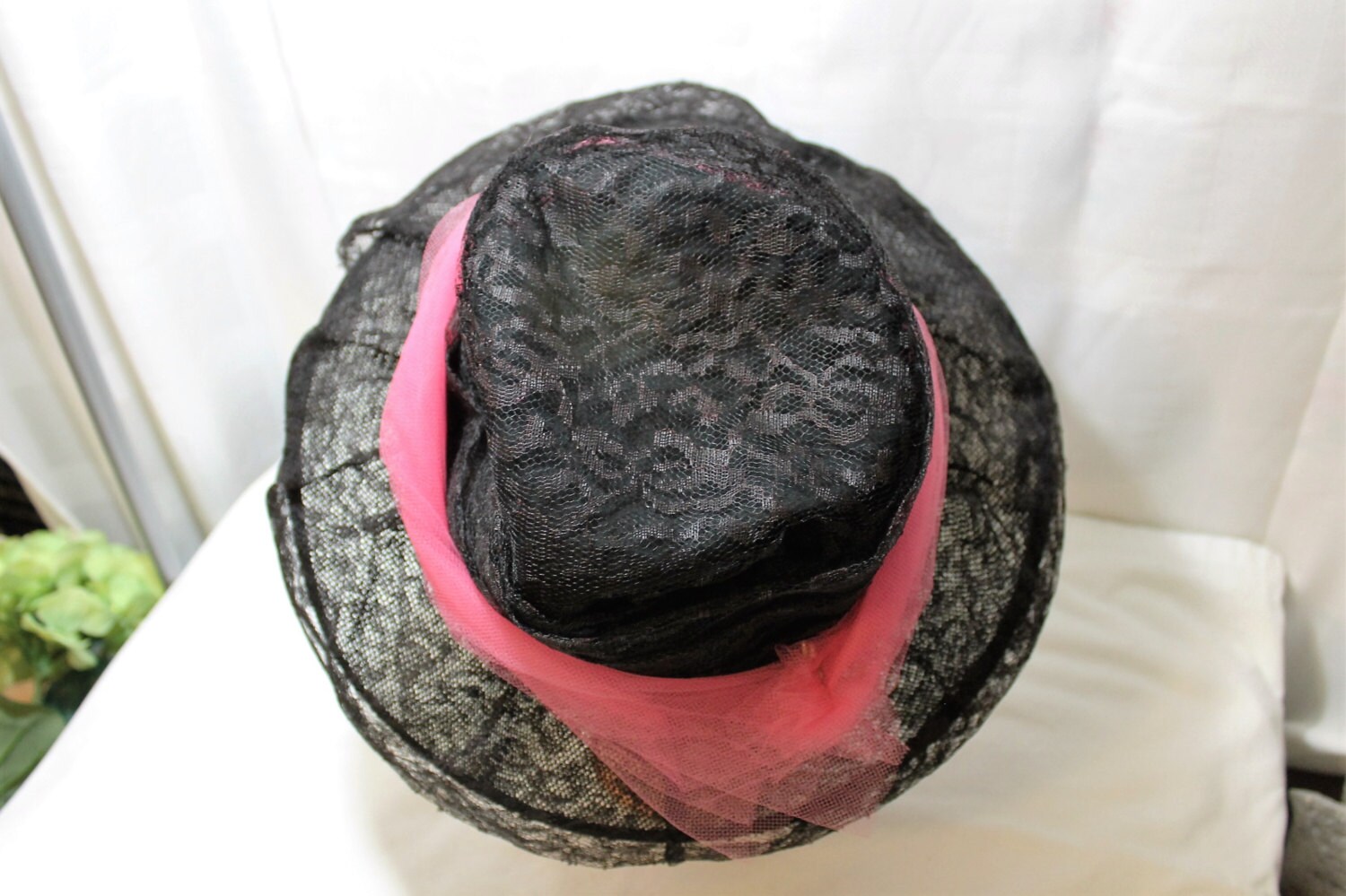 Mid Century Black Lace Ladies Hat with Pink Netting Band SALE Mid Century Black Lace Ladies Hat With Pink Netting  main image 2