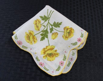 Vintage Cotton Floral Handkerchief, Light Beige with Yellow Flowers, Large 13 Inch, FREE SHIPPING in USA