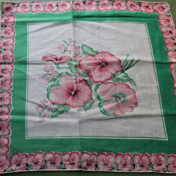 Vintage Jenkins Original Linen Handkerchief, Green, Pink Flowers, NOS With Tag