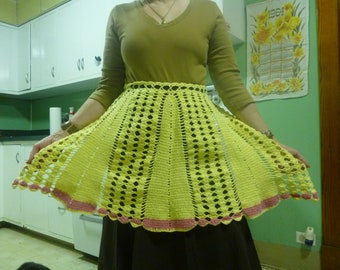 SALE Vintage Yellow and Pink Crocheted Half Apron, XS, Small