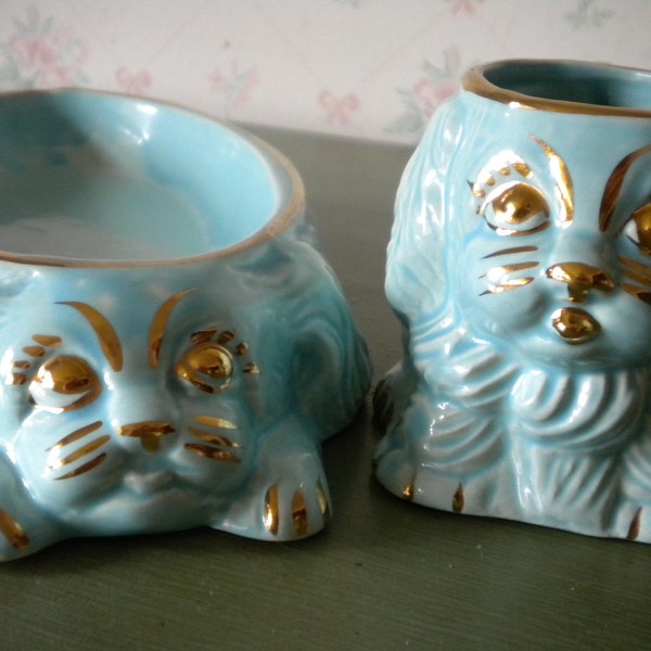 SALE Mid Century Blue Puppy Ceramic Baby Bowl and Mug