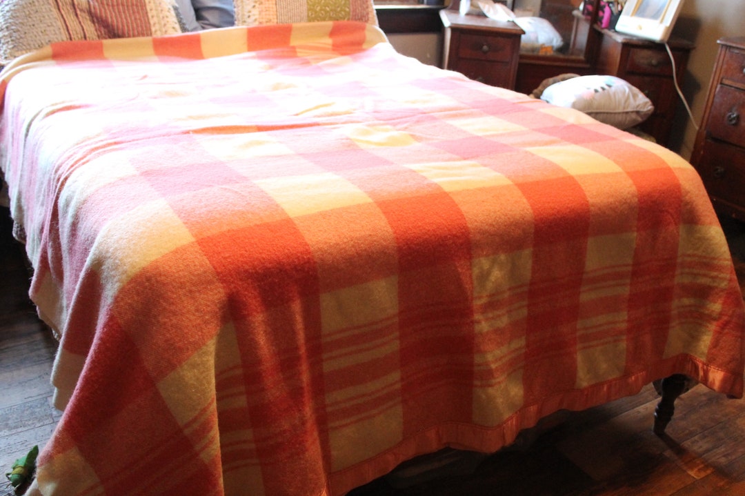 Vintage Heavy Wool Blanket, Pink Plaid, Double Length 77 X 168 Inches
