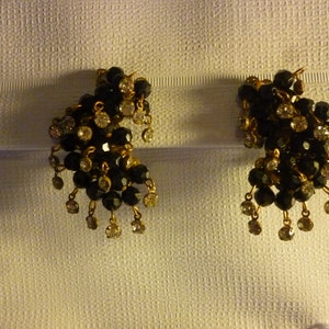 SALE Huge 1930s Era Black Bead & Rhinestone Clip-On Earrings