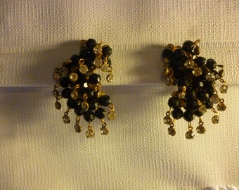 SALE Huge 1930s Era Black Bead & Rhinestone Clip-On Earrings