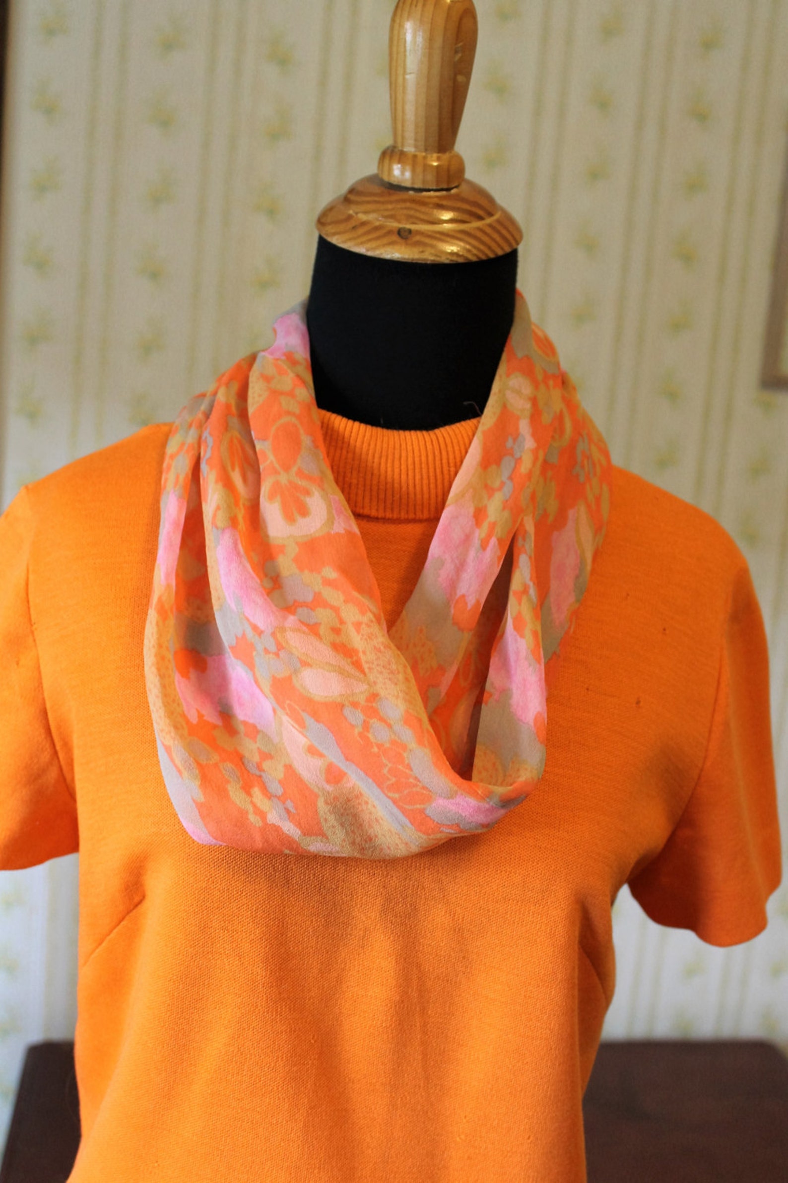 Vintage Silk Chiffon Infinity Cowl Scarf Pink & Orange Etsy
