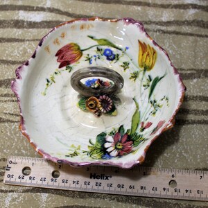 SALE Antique Victorian Italian Majolica Relish Server, Handled Bowl, Colorful Flowers, 6 Inches image 4