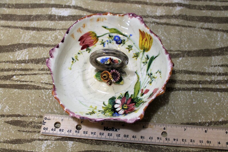 SALE Antique Victorian Italian Majolica Relish Server, Handled Bowl, Colorful Flowers, 6 Inches image 4
