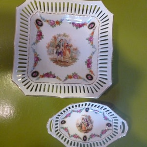 SALE Set of 2 Vintage Hand Painted German Porcelain Reticulated Trinket Dishes