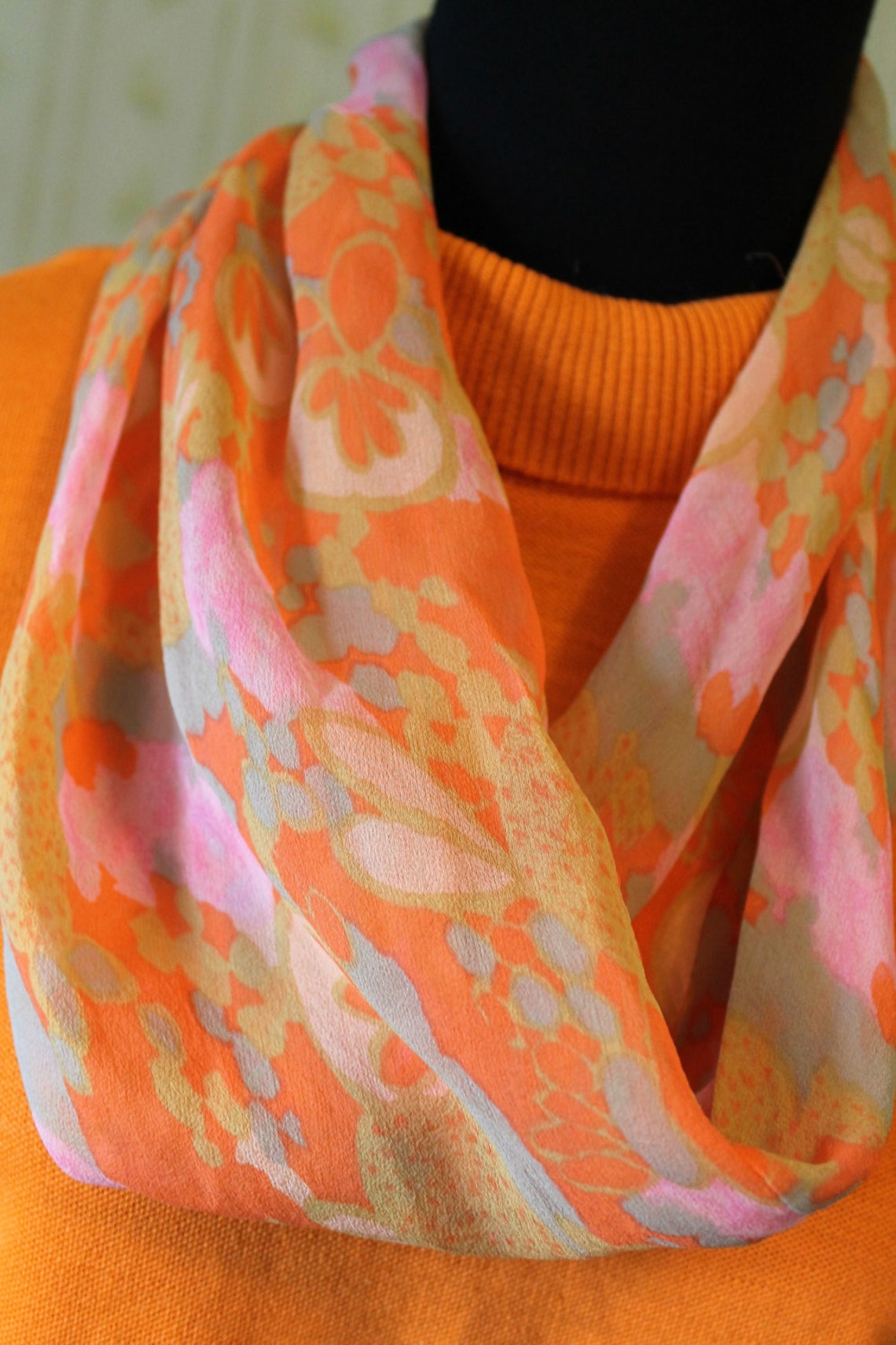 Vintage Silk Chiffon Infinity Cowl Scarf Pink & Orange Etsy
