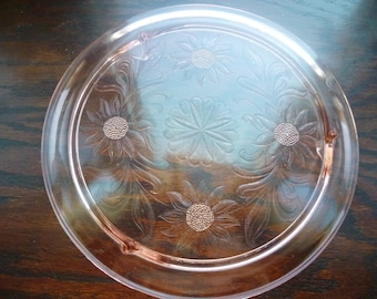 SALE Jeannette Glass Pink Depression Sunflower Pattern Footed Cake Plate