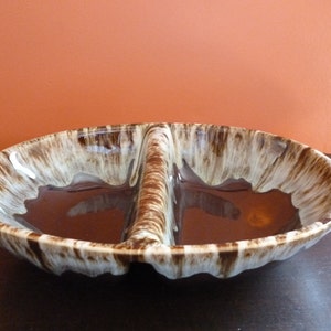 Vintage High Gloss Brown Drip Paint Divided Stoneware Serving Bowl