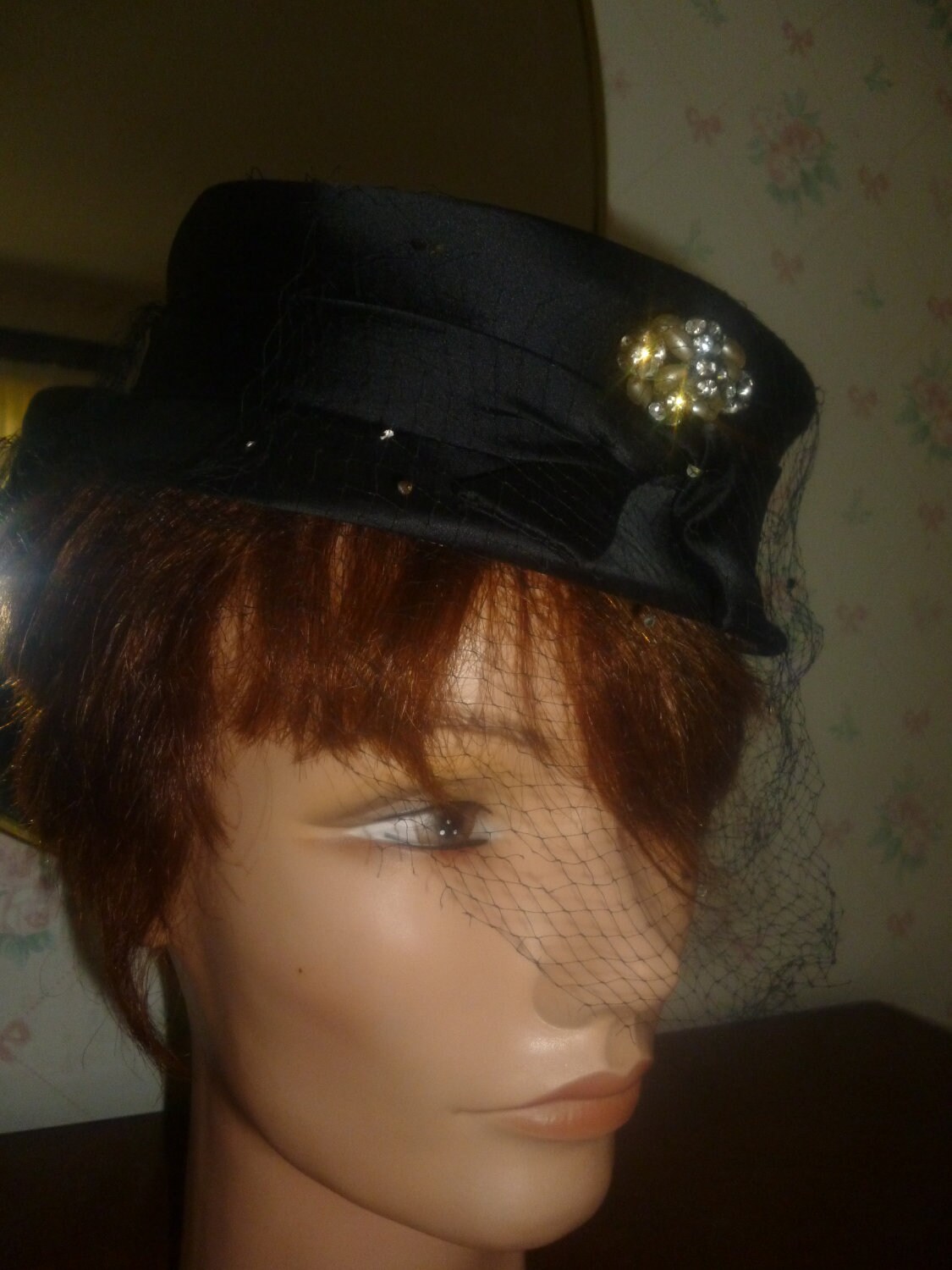 SALE Classic 1960s Black Satin Pillbox Hat With Rhinestone  display picture 3
