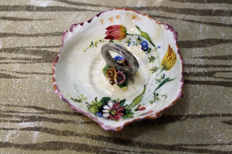 SALE Antique Victorian Italian Majolica Relish Server, Handled Bowl, Colorful Flowers, 6 Inches image 1