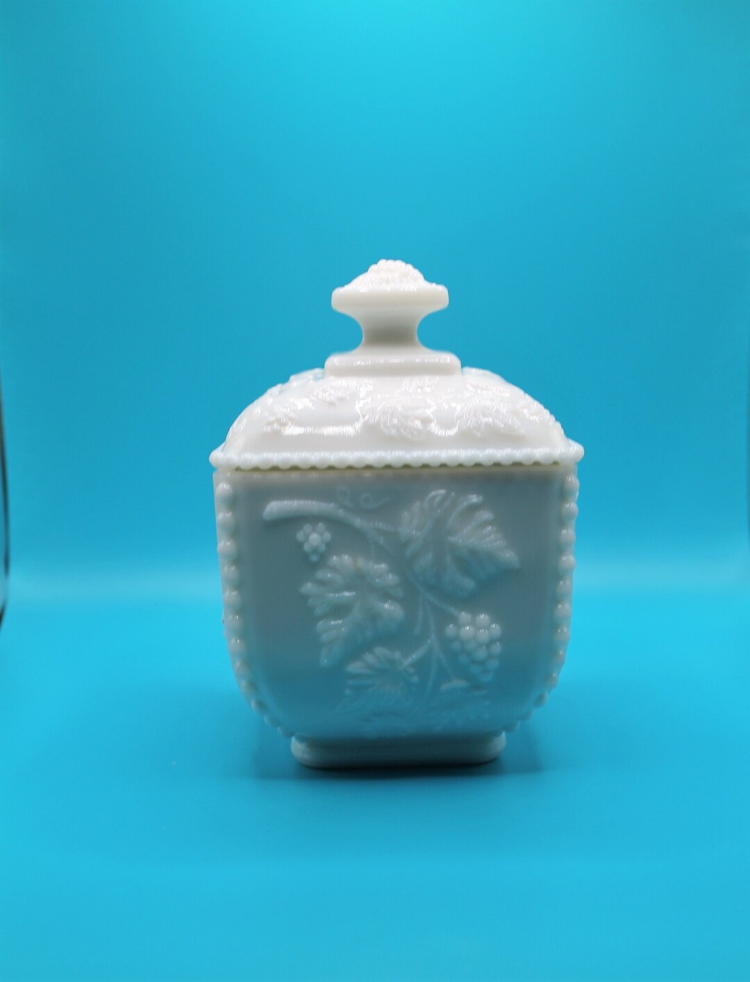 Vintage Westmoreland Milk Glass Square Candy Dish, Grapes & Leaves