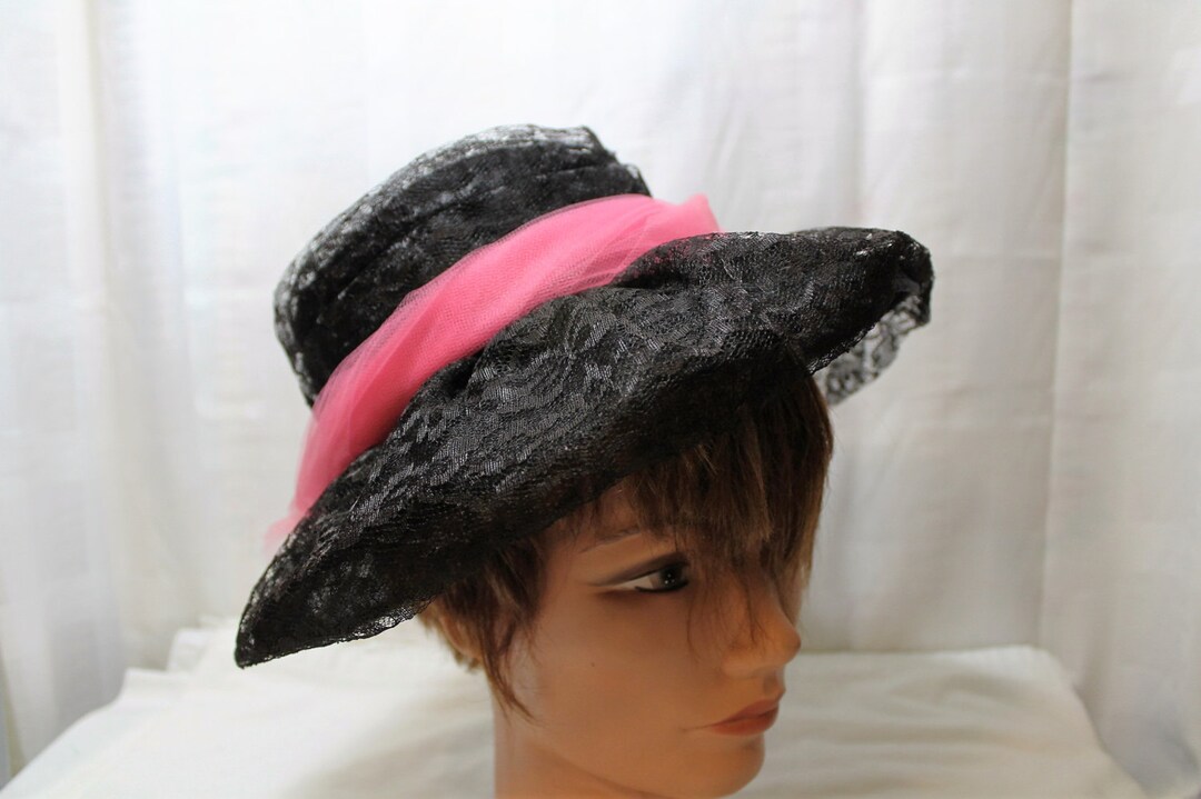 Mid Century Black Lace Ladies Hat with Pink Netting Band SALE Mid Century Black Lace Ladies Hat With Pink Netting  main image 3