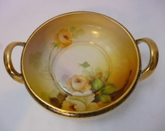 SALE Antique Nippon Morimura Handled Bowl Yellow Roses 6 Inches