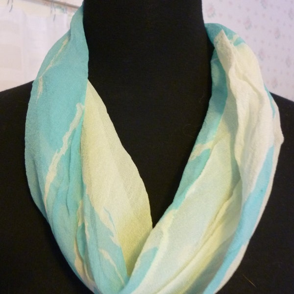 Vintage SALLY GEE Silk Chiffon Infinity Cowl Scarf, Aqua Waves