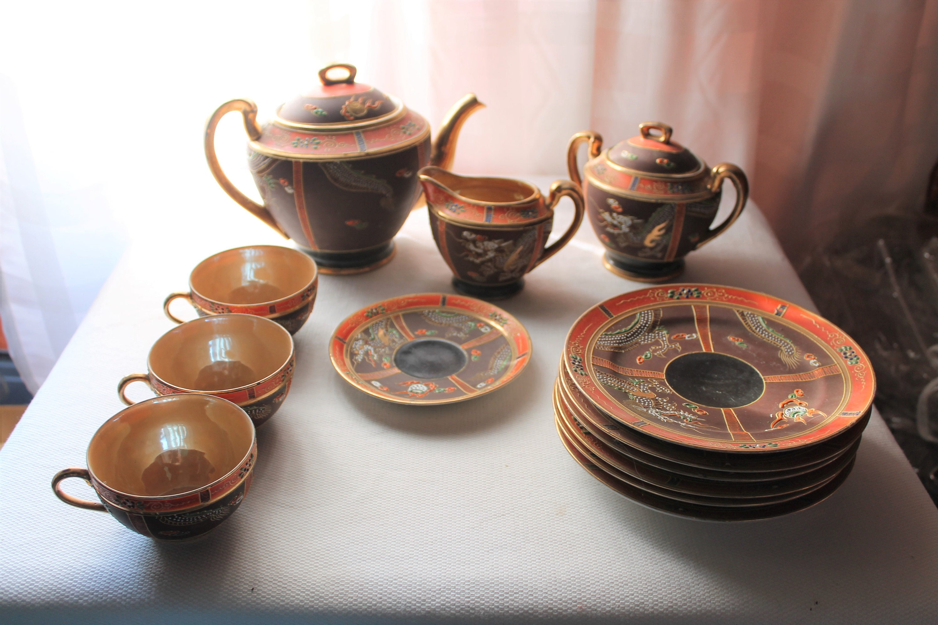 Vintage Hand Painted Orange Gold Japanese Dragon Porcelain Tea Cup Saucer Japan