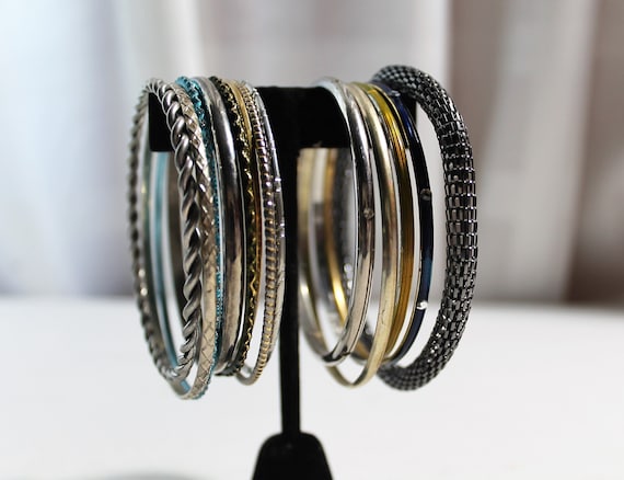 Assorted Vintage Bangle Stack, Mixed Metals/Colors - image 1