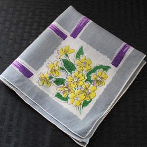 Vintage Hand Rolled Cotton Handkerchief, Gray with Yellow Flowers, Purple Accents, Large 13 Inch, FREE SHIPPING in USA